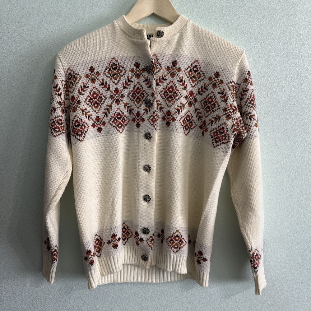 Vintage Amana Woolen Mills Cardigan Sweater Womens 38 Cream Fair Isle Button